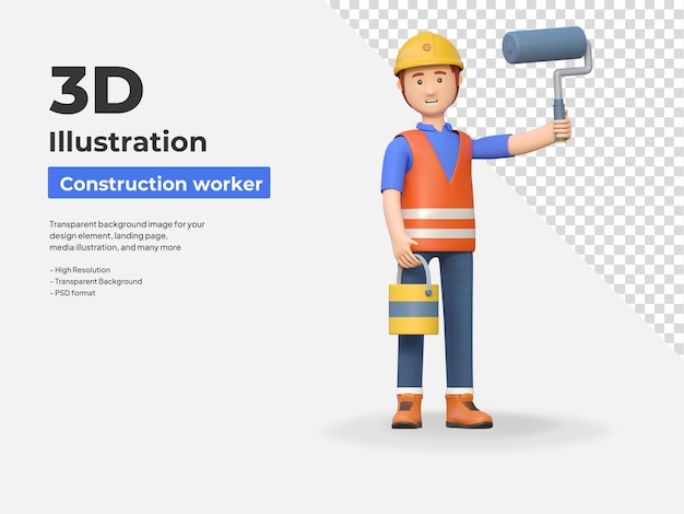 Construction worker carrying paint roller and paint bucket 3d cartoon character illustration