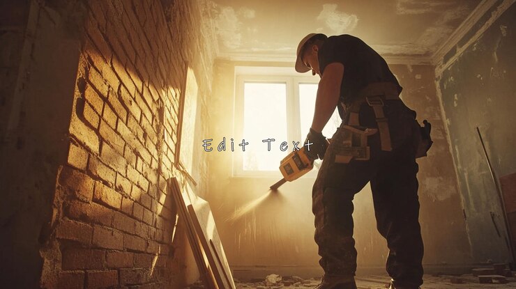 PSD construction worker demolishing a brick wall with a jackhammer during a home renovation