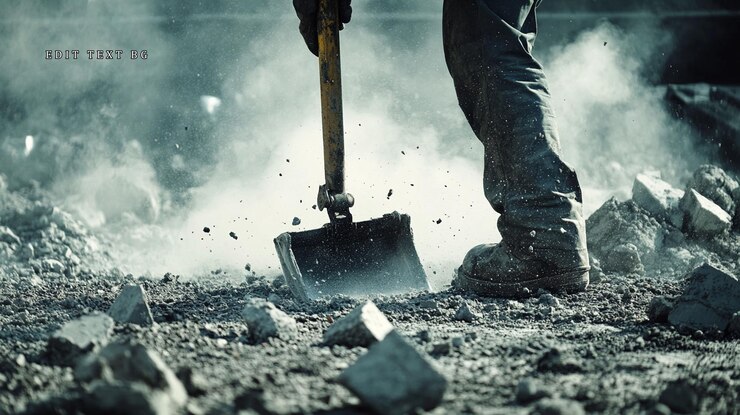 PSD construction worker demolishing concrete with a shovel dust and debris flying