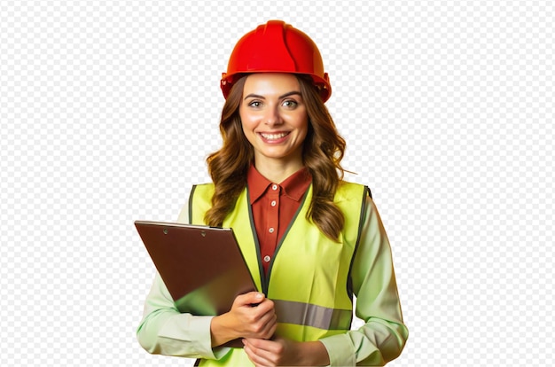construction worker female hard hat yellow safety vest white shirt clipboard smiling