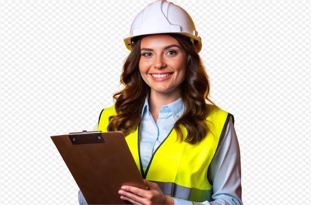 construction worker female hard hat yellow safety vest white shirt clipboard smiling