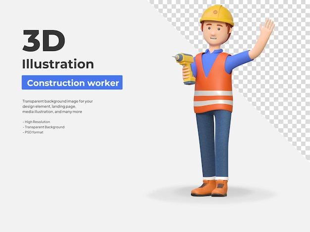 PSD construction worker holding electric drill 3d cartoon character illustration