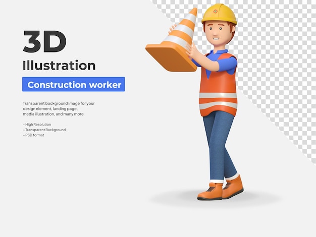 Строитель, держащий дорожный конус 3D иллюстрация персонажа мультфильма