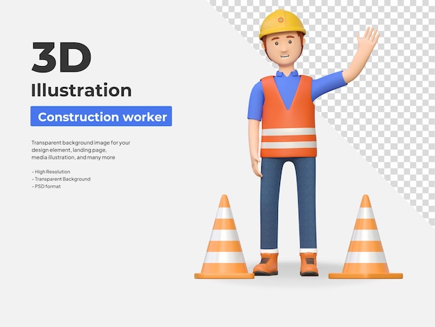 PSD construction worker holding road cone 3d cartoon character illustration