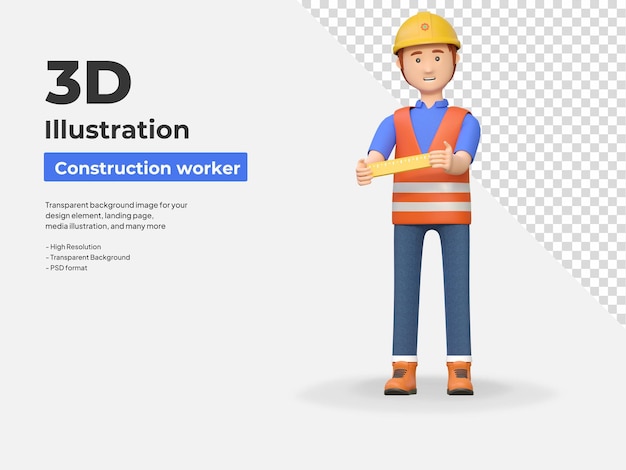 Construction worker holding ruler and tape measure tool 3d cartoon character illustration