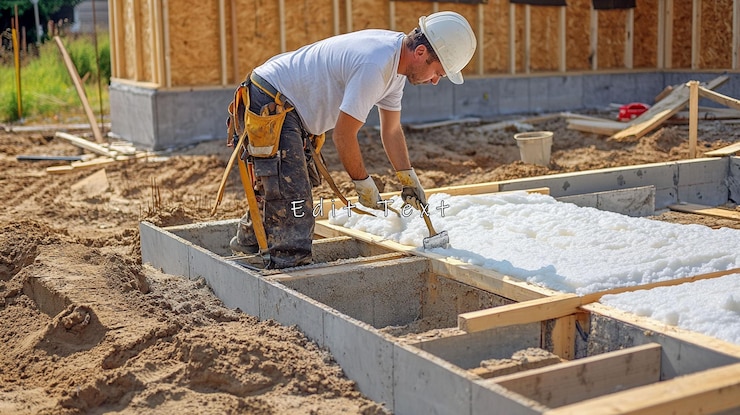 PSD construction worker installing foam insulation during new home framing
