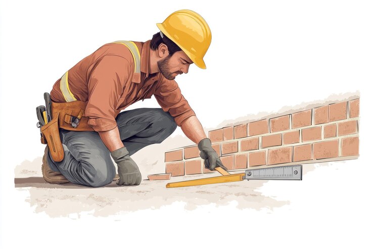 PSD construction worker kneeling using level tool to build brick wall