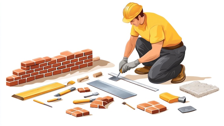PSD construction worker laying bricks using tools