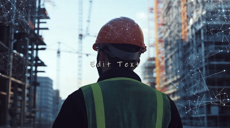 PSD construction worker looking at a futuristic city skyline