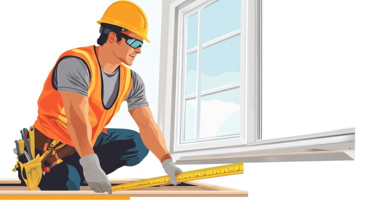 PSD construction worker measuring wood near window