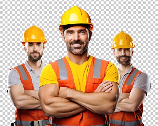 PSD construction worker team of 3 isolated on transparent background