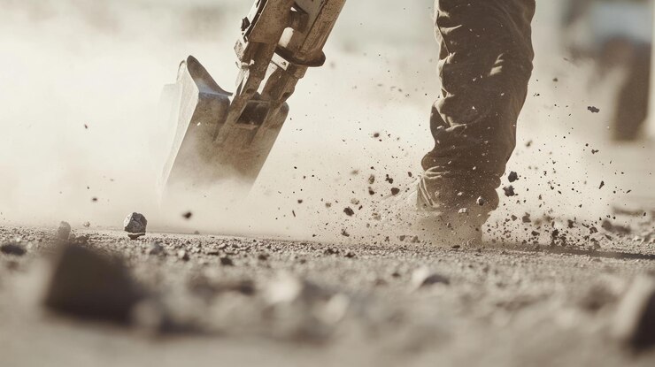 PSD a construction worker uses a jackhammer to break up concrete creating a cloud of dust and debris