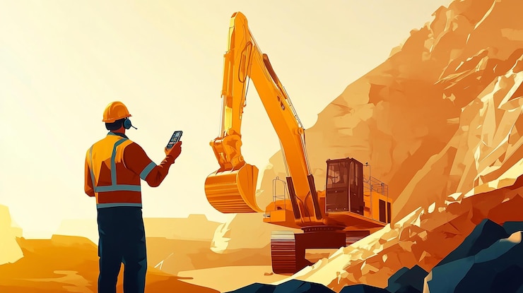 PSD construction worker using smartphone near excavator at quarry