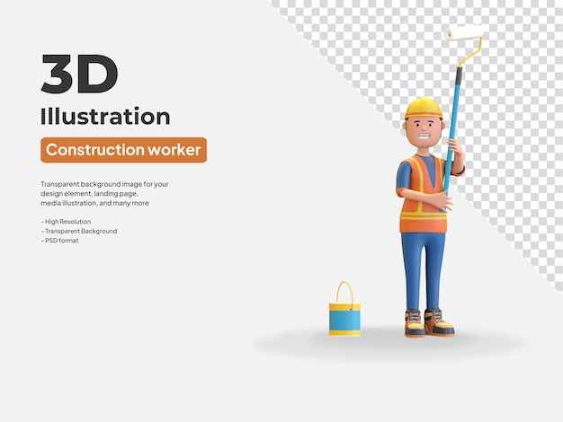 Construction worker wearing helmet and vest holding paint roller and bucket 3d render illustration