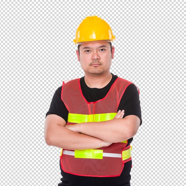 Construction worker with yellow hard hat and red safety vest