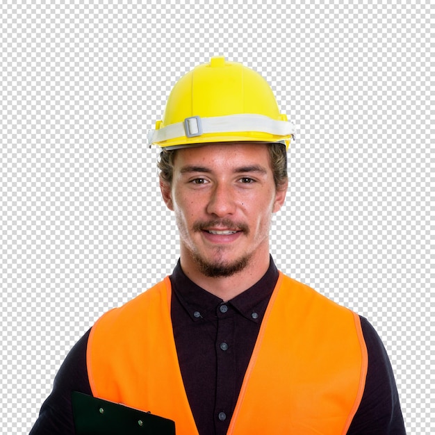 黄色いヘルメットと安全ベストをかぶった建設作業員がクリップボードを握っている