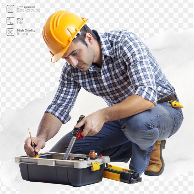 PSD a construction worker in a yellow hard hat uses tools from a black tool box while kneeling on the floor
