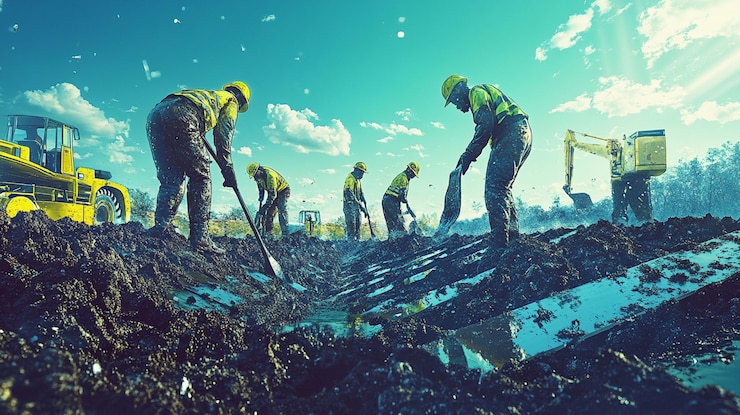 PSD construction workers digging a trench on a muddy site with heavy machinery