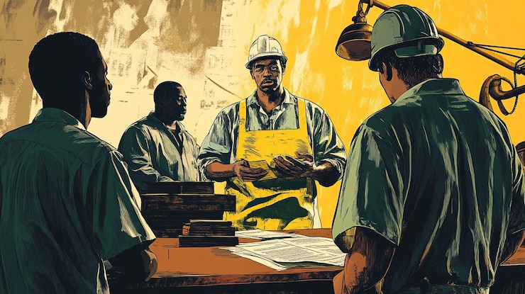 PSD construction workers in hard hats reviewing blueprints during a meeting