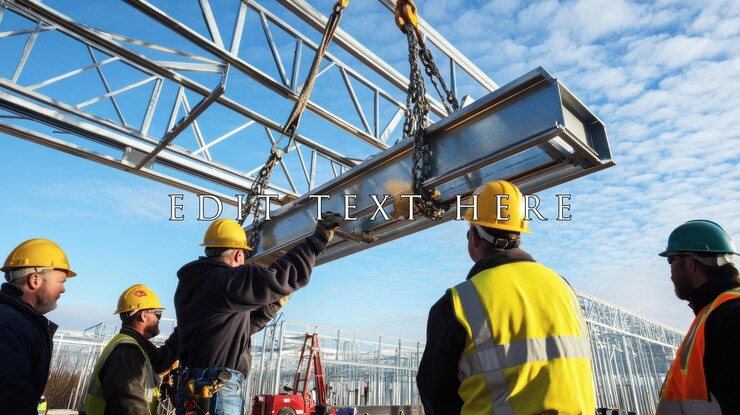 PSD construction workers installing steel beams during greenhouse construction