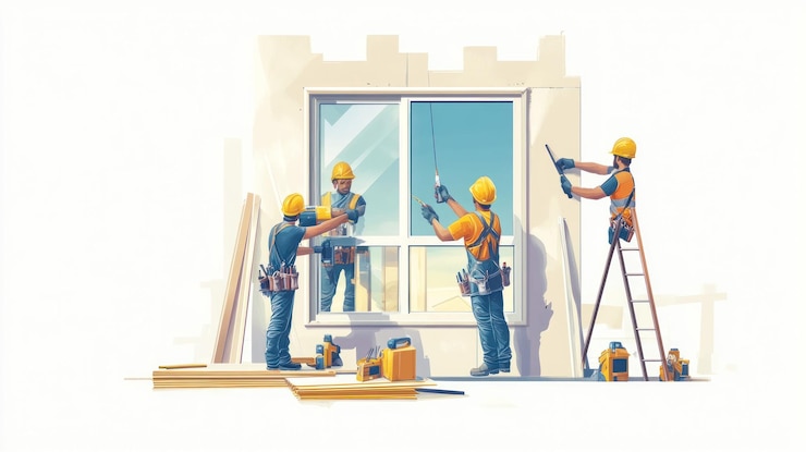 PSD construction workers installing a window in a new building