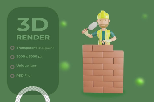 PSD レンガを敷設する建設労働者のイラスト3dレンダリング
