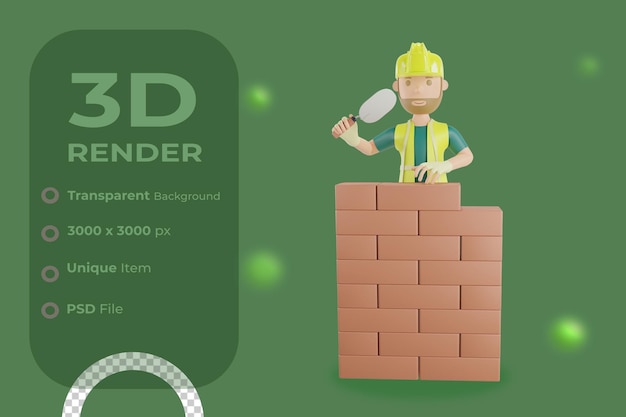 PSD operai edili che posano mattoni illustrazione 3d rendering