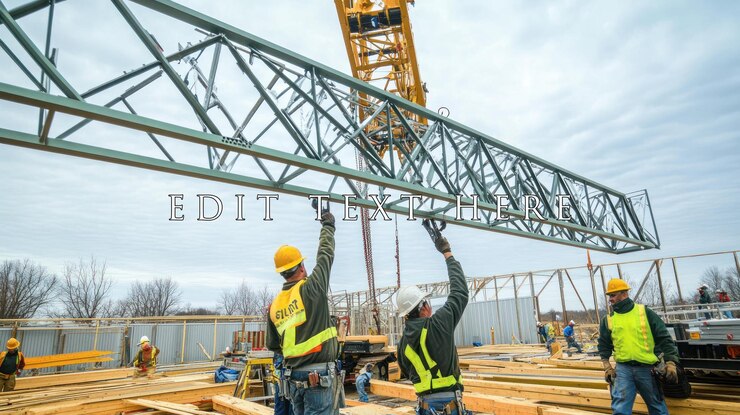PSD construction workers lifting a large metal beam with a crane on a cloudy day