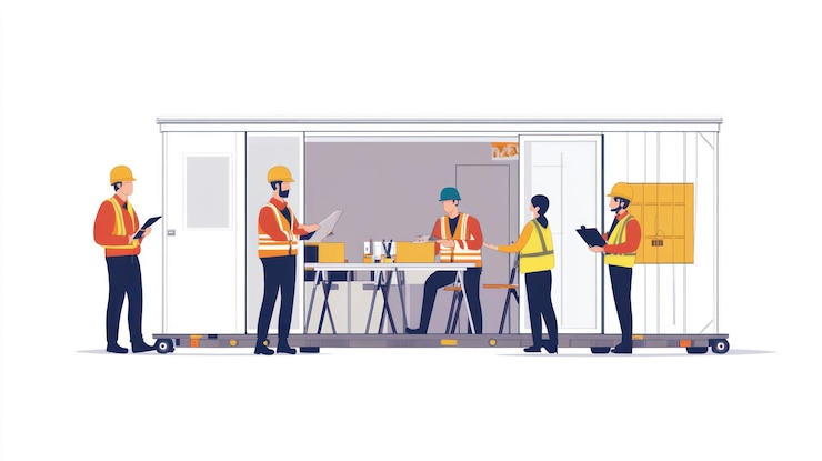 PSD construction workers meeting in portable office
