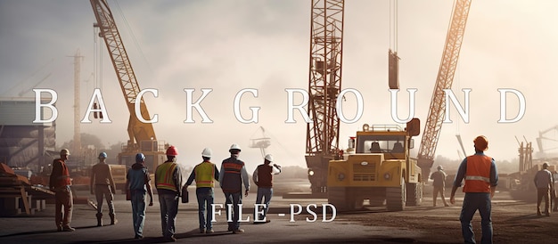PSD construction workers on site background crane