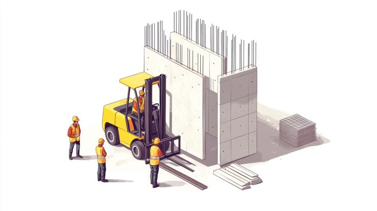 PSD construction workers using forklift to install precast concrete wall panels