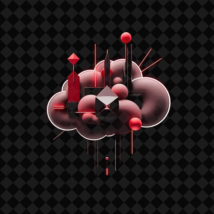 PSD constructivist cloud assembled with geometric shapes industrial materials and abstract forms bold