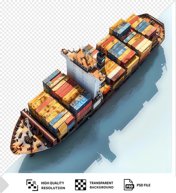 PSD container cargo ship isolated on transparent background with a blue shadow in the foreground png