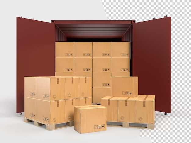 Contenitori per servizi logistici di spedizione merci container con consegna di pacchi di scatole di cartone marroni nel settore dell'e-commerce online