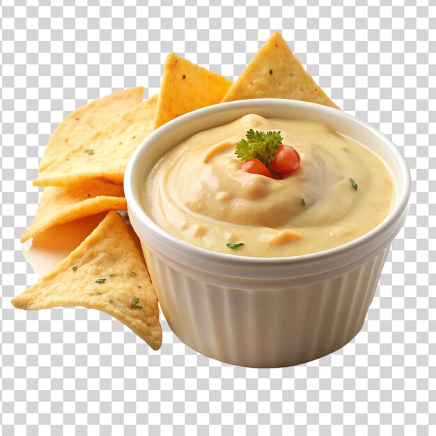 PSD container of creamy queso dip with tortilla chips isolated on transparent background