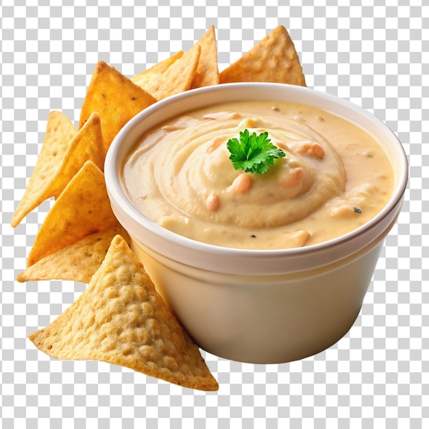 PSD container of creamy queso dip with tortilla chips isolated on transparent background