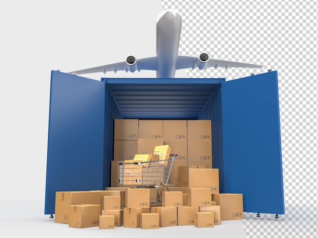 PSD containervrachtvervoer logistieke service containers met bruine kartonnen dozen pakketbezorging in de online e-commerce business