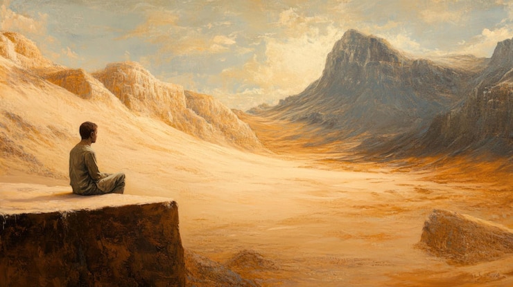 PSD contemplation in the desert a solitary figure gazes upon vast golden sands and majestic mountains