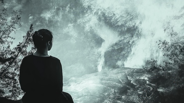 PSD a contemplative figure gazes at a dramatic landscape