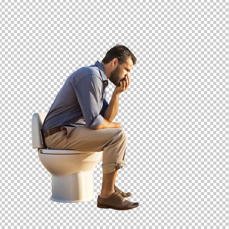 PSD contemplative man sitting on toilet seat transparent background