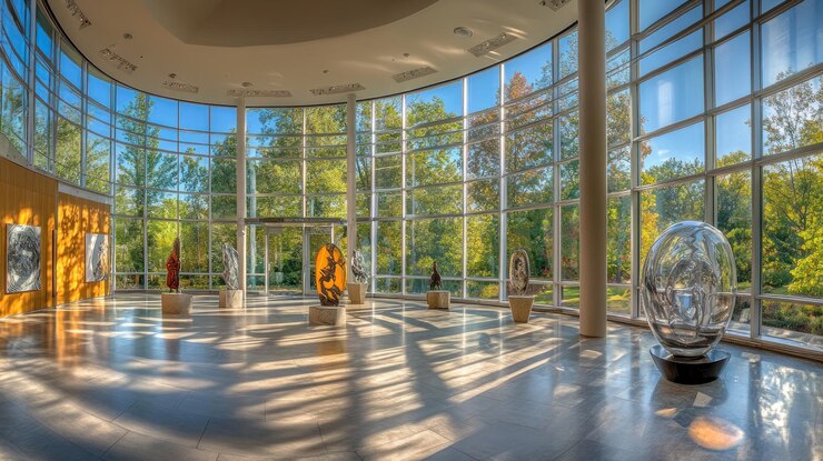PSD contemporary art gallery with sculptures and nature