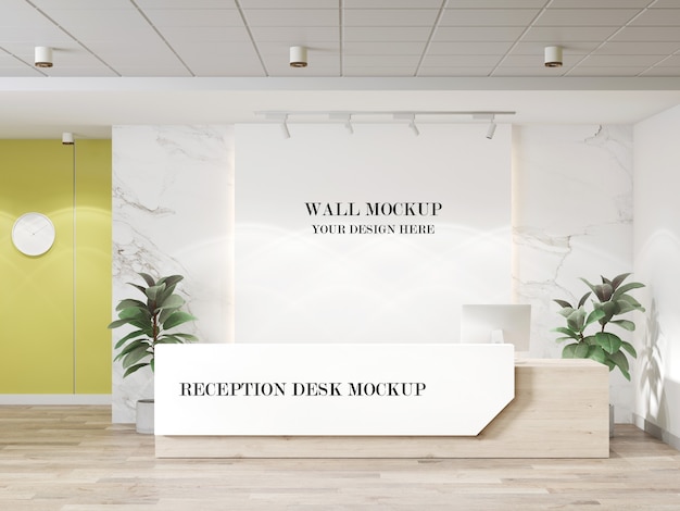 PSD contemporary office reception desk and wall mockup