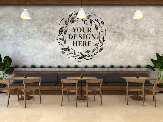 Mockup interno di un caffè in stile contemporaneo con muro di cemento