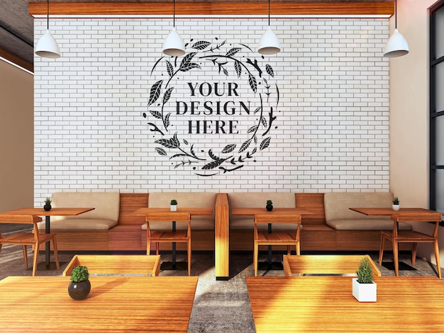 PSD contemporary style cafe interior mockup with white brick wall