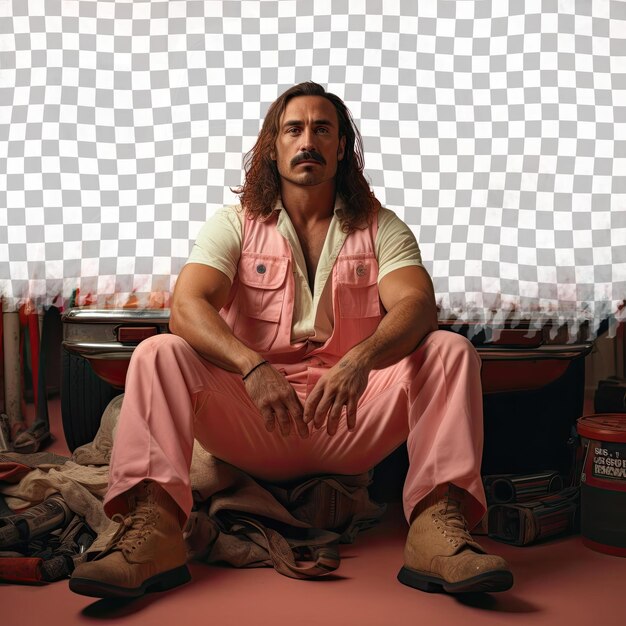 PSD a content adult man with long hair from the west asian ethnicity dressed in car mechanic attire poses in a back arch with hands on thighs style against a pastel coral background