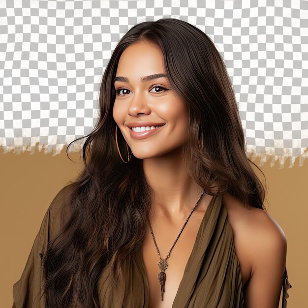 A content adult woman with long hair from the aboriginal australian ethnicity dressed in model attire poses in a tilted head with a grin style against a pastel beige background