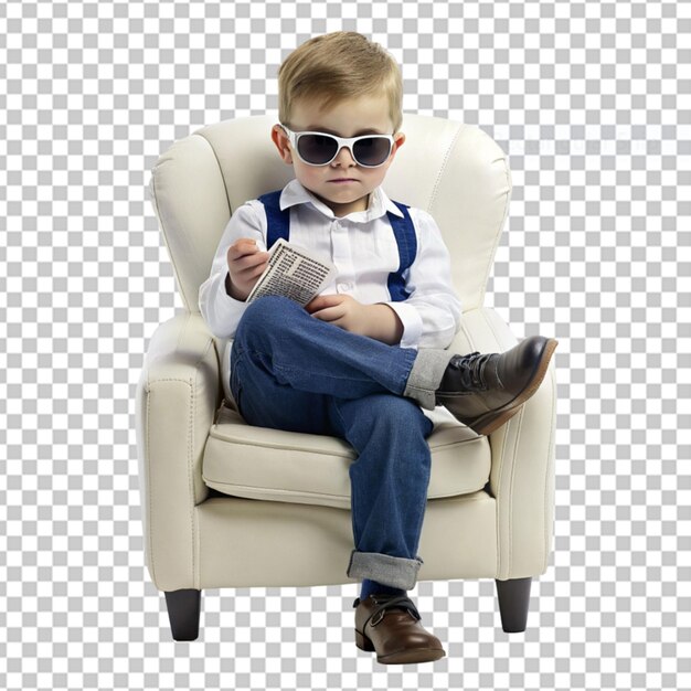 A content child boy with wavy hair from the asian ethnicity dressed in office clerk attire poses in a laid back chair