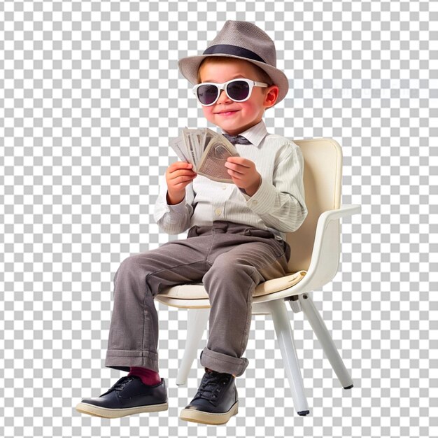 A content child boy with wavy hair from the asian ethnicity dressed in office clerk attire poses in a laid back chair