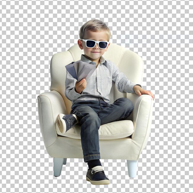 A content child boy with wavy hair from the asian ethnicity dressed in office clerk attire poses in a laid back chair