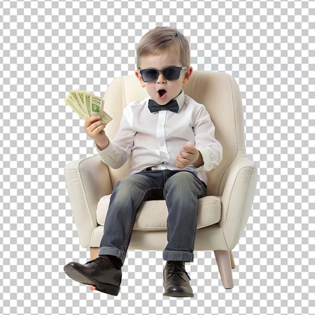 PSD a content child boy with wavy hair from the asian ethnicity dressed in office clerk attire poses in a laid back chair